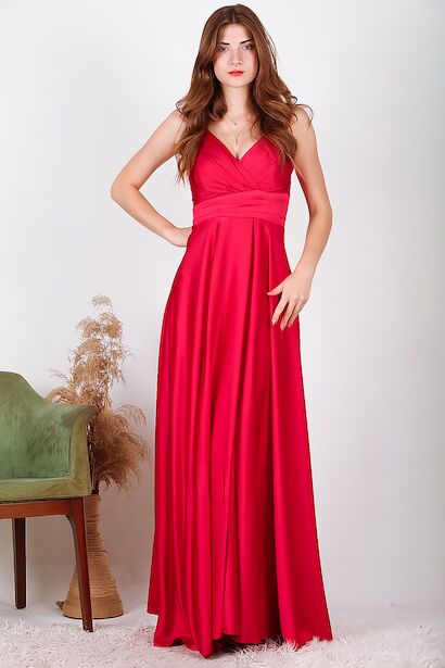 Kadın Uzun Saten Abiye  Kırmızı 6