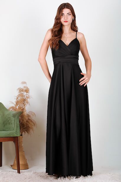 Kadın Uzun Saten Abiye  Siyah 6