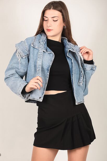 Kadın Omuz Taşlı Crop Kot Ceket  Kot 6