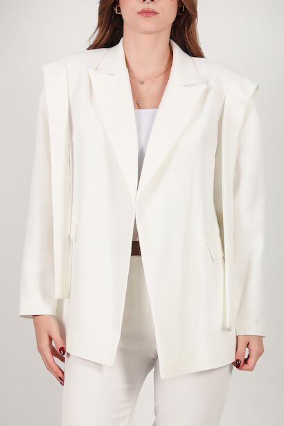 Kadın Omzu Kuşaklı Blazer Ceket  Ekru 6
