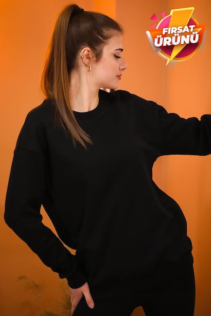 Kadın Bisiklet Yaka İçi Şardonlu Sweat  Siyah