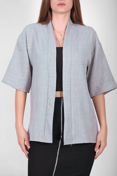 Kadın Keten Kimono Şal Ceket  Gri 6