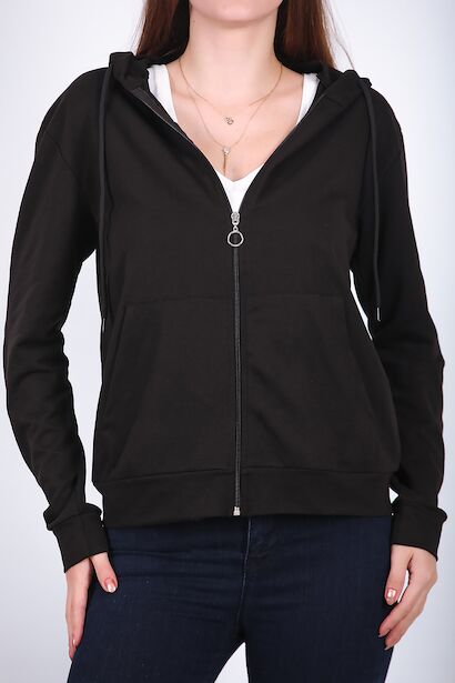 Kadın Kapşonlu Fermuarlı Sweat  Siyah 6