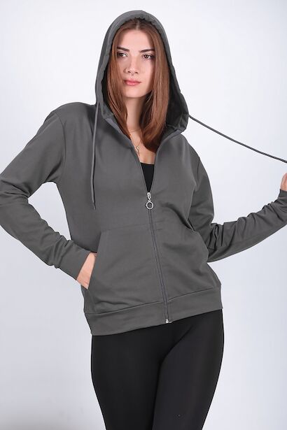 Kadın Kapşonlu Fermuarlı Sweat Füme 6