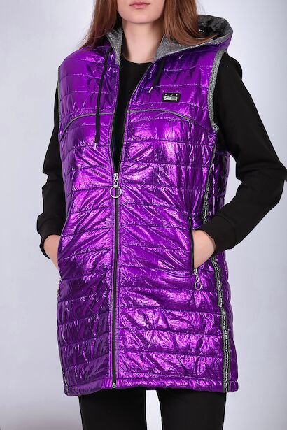 Kadın Parlak Uzun Yelek  Mor 6