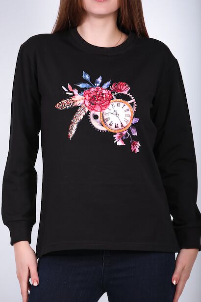 Kadın Bisiklet Yaka Baskılı Sweat  Siyah 6