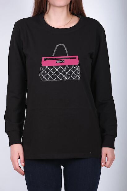 Kadın Bisiklet Yaka Baskılı Sweat  Siyah 6