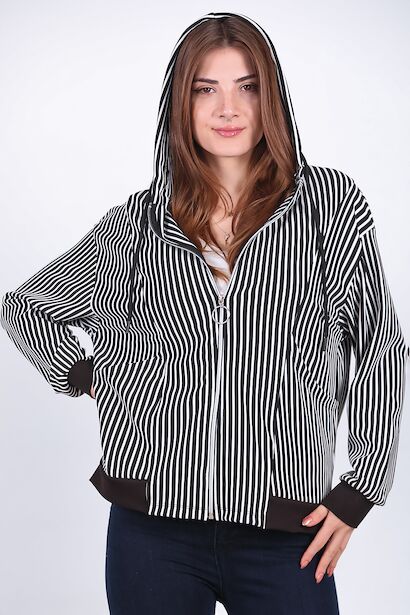 Kadın Çizgili Kapşonlu Sweat 