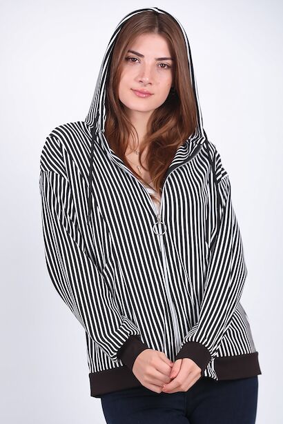 Kadın Çizgili Kapşonlu Sweat  Siyah 6