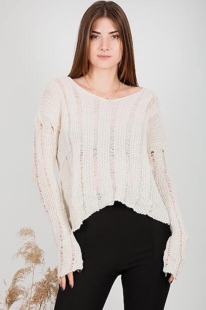 Kadın V Yaka Fileli Triko  Taş 6