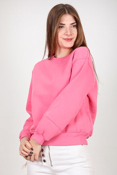Kadın Üç İplik Kolu Çimalı Sıfır Yaka Sweat 