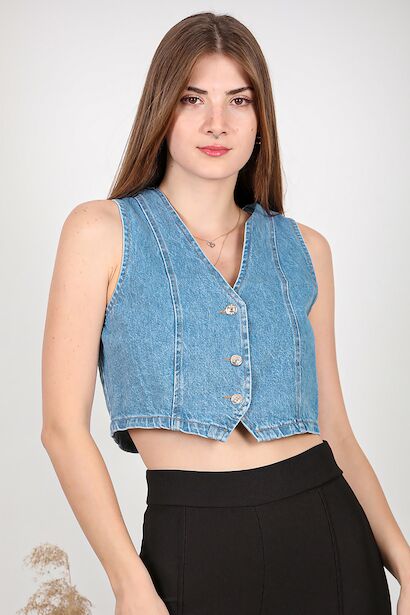 Kadın Ön Düğmeli Kot Yelek 