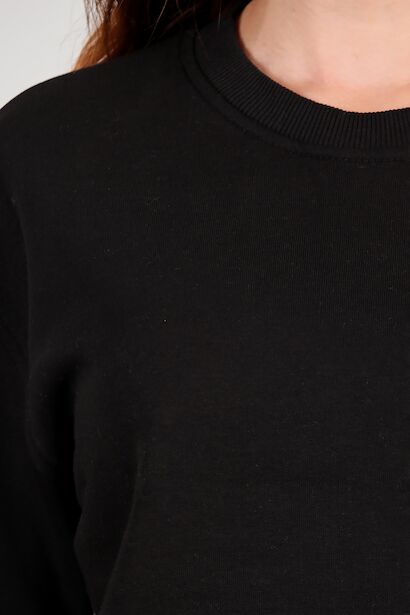 Kadın Üç İplik Kolu Çimalı Sıfır Yaka Sweat  Siyah 6