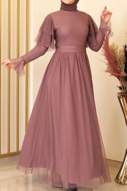 Kadın Puantiyeli Uzun Tül Abiye 