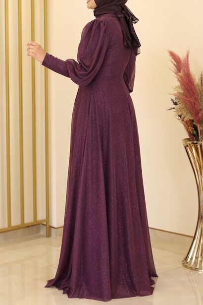 Kadın Balon Kol Uzun Simli Abiye  Koyu Mor 4