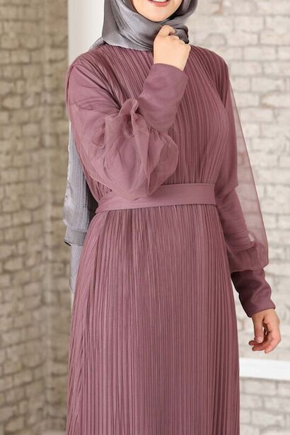 Kadın Pilise Detaylı Tül Abiye  Mürdüm 4