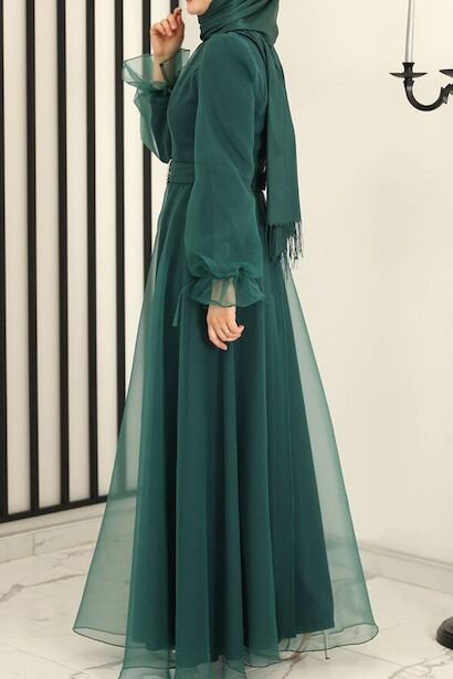 Kadın Uzun Tül Abiye  Zümrüt 4