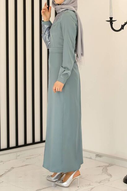 Kadın Pullu Uzun Abiye  Çağla Yeşili 4