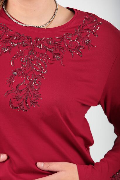 Büyük Beden Taş İşlemeli Bluz  Bordo 6