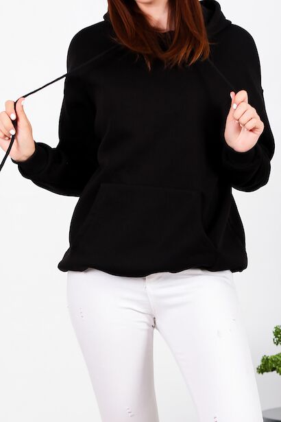 Kadın Üç İplik Kapşonlu Kanguru Cep Sweat  Siyah 6