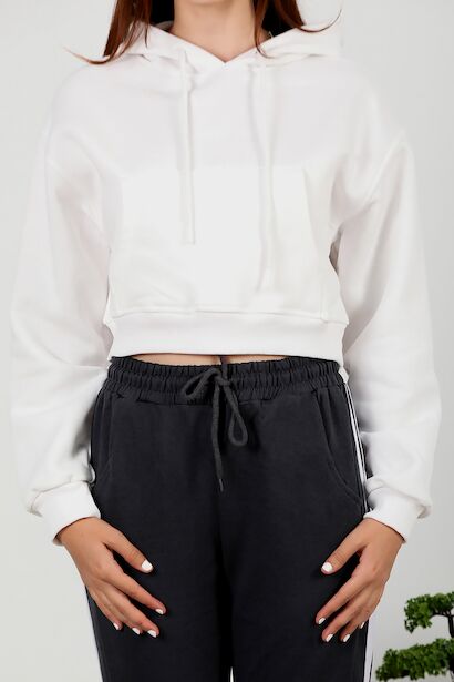 Kadın Üç İplik Kanguru Cepli Kapşonlu Kısa Sweat  Ekru 6