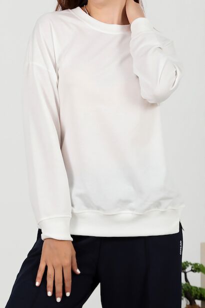 Kadın Bisiklet Yaka Düz Sweat  Ekru 6