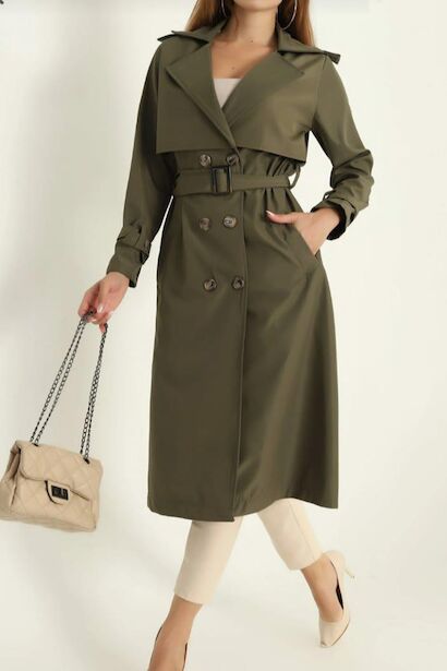 Kadın Bel Kuşaklı Düğmeli Trençkot 