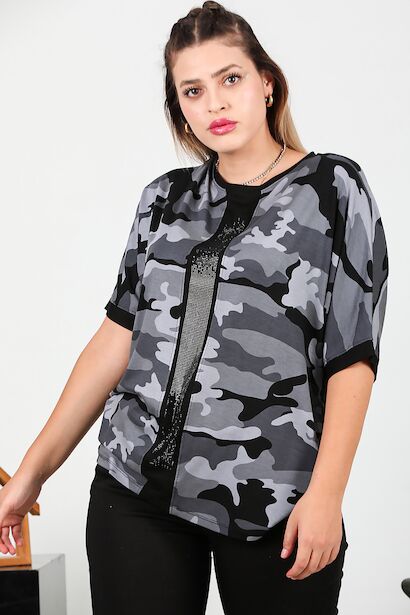 Büyük Beden Önü Taşlı Bluz  Gri 6