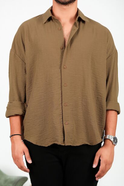 Erkek Uzun Kol Keten Gömlek  Kahverengi 6