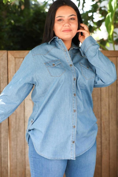 Büyük Beden Kol Katlamalı Kot Gömlek Mavi Kot 4