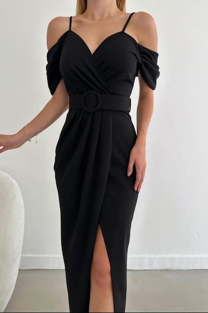 Kadın İp Askılı Bel Kemerli Yırtmaç Detay Uzun Abiye