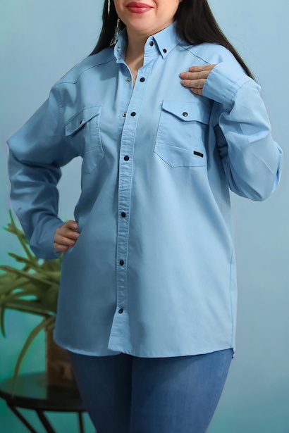 Büyük Beden Çıt Çıt Düğmeli Önden Cepli Gömlek Mavi