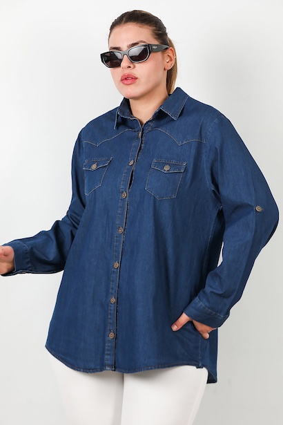 Büyük Beden Kol Katlamalı Kot Gömlek Lacivert  Lacivert 6