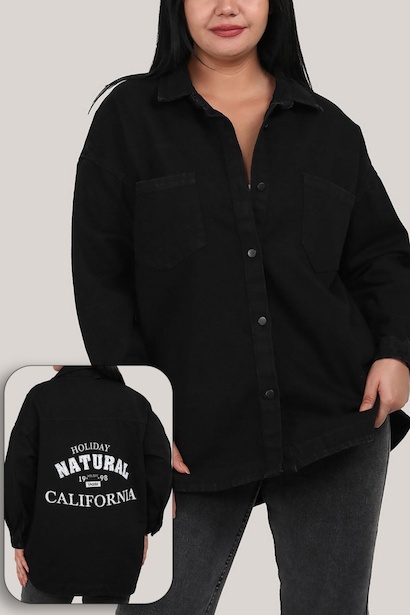 Büyük Beden Baskılı Kot Ceket Siyah