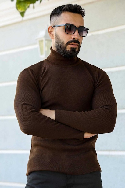Erkek Balıkçı Yaka Fitilli Triko Kazak Kahverengi 4