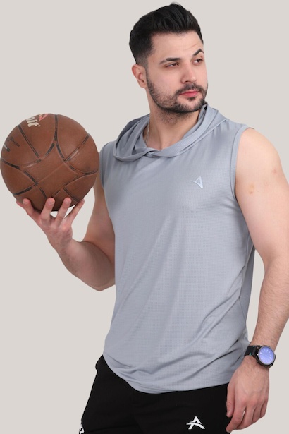 Erkek Kapşonlu Kolsuz T-shirt Gri