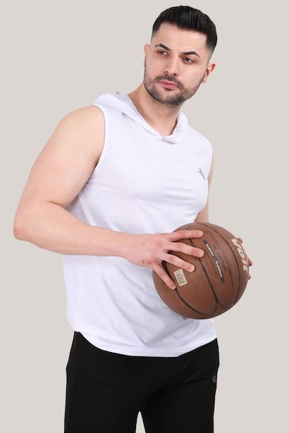 Erkek Kapşonlu Kolsuz T-shirt Beyaz
