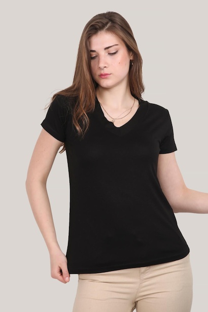 Kadın V Yaka T-shirt Siyah