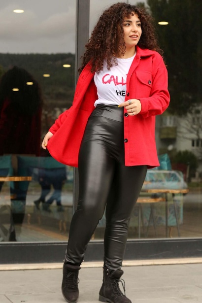 Büyük Beden Şardonlu Deri Tayt Siyah 4