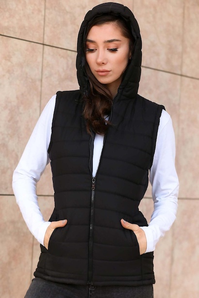 Benito Kadın Kapşonlu Yelek Siyah 6