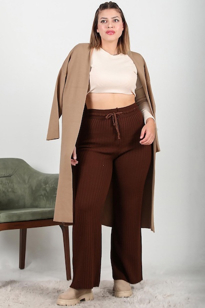 Büyük Beden Uzun Triko Yandan Yırtmaçlı Hırka Bej