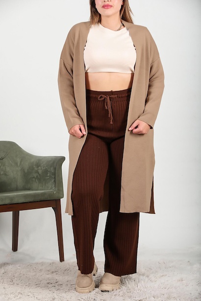 Büyük Beden Uzun Triko Yandan Yırtmaçlı Hırka Bej 6