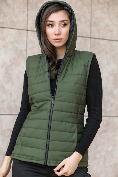 Kadın Kapşonlu Yelek Haki 6