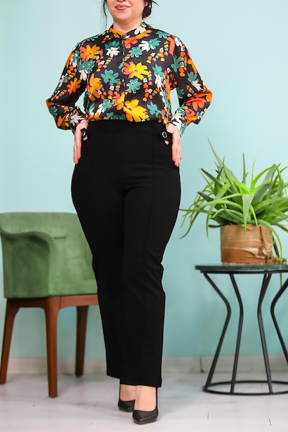 Büyük Beden Yanları Düğme Detaylı Kumaş Pantolon