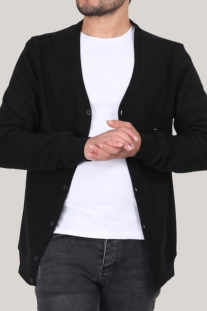 Erkek V Yaka Düğmeli Kadife Hırka