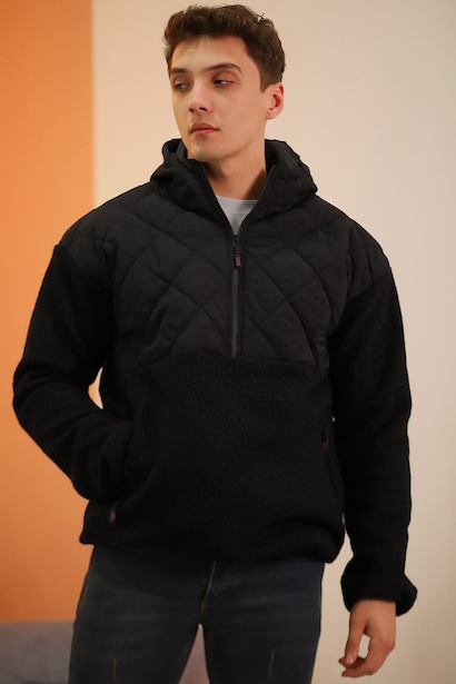 Erkek Kapşonlu Yarım Fermuar Sweat