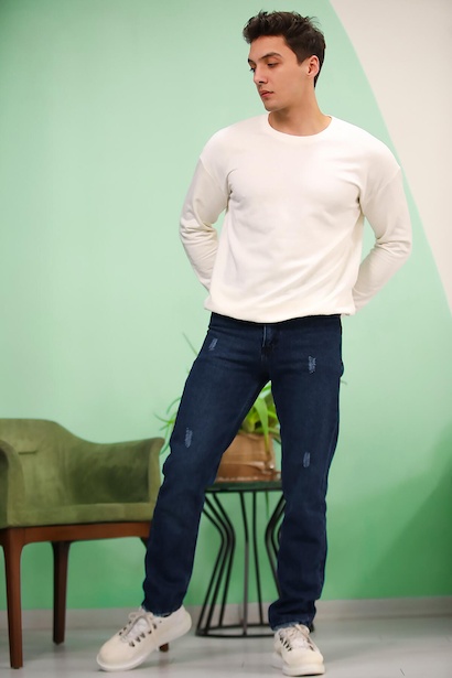 Erkek Boru Paça Eskitmeli Kot Pantolon