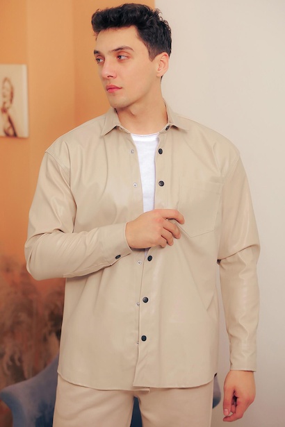 Erkek Çıt Çıt Düğmeli Deri Gömlek Taş