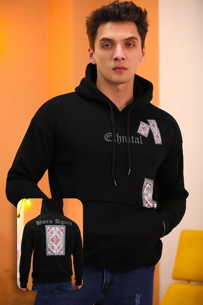 Erkek İçi Şardonlu Ön Ve Sırt Baskılı Kapşonlu Sweat