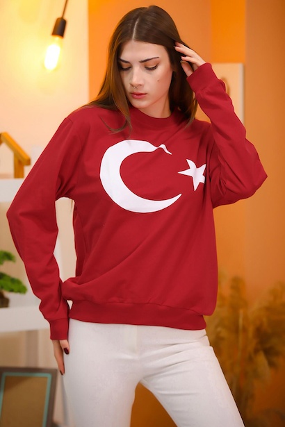 Kadın Bisiklet Yaka Ay Yıldızlı Sweat